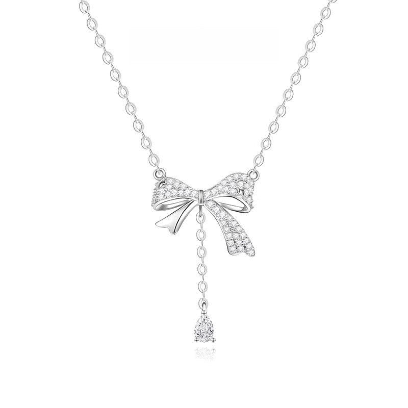 Elegant Silver Bow Pendant Necklace — S925 & S999 Variants