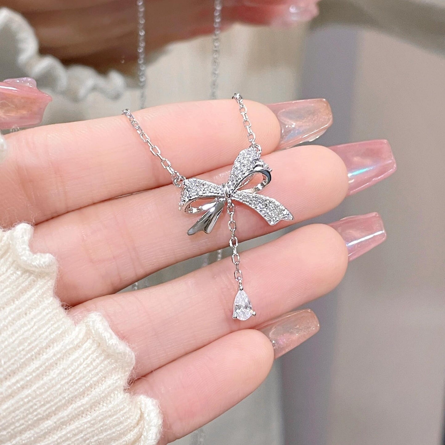 Elegant Silver Bow Pendant Necklace — S925 & S999 Variants