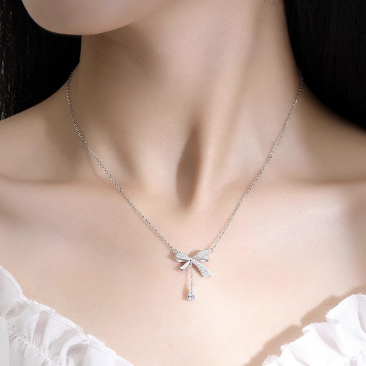 Elegant Silver Bow Pendant Necklace — S925 & S999 Variants